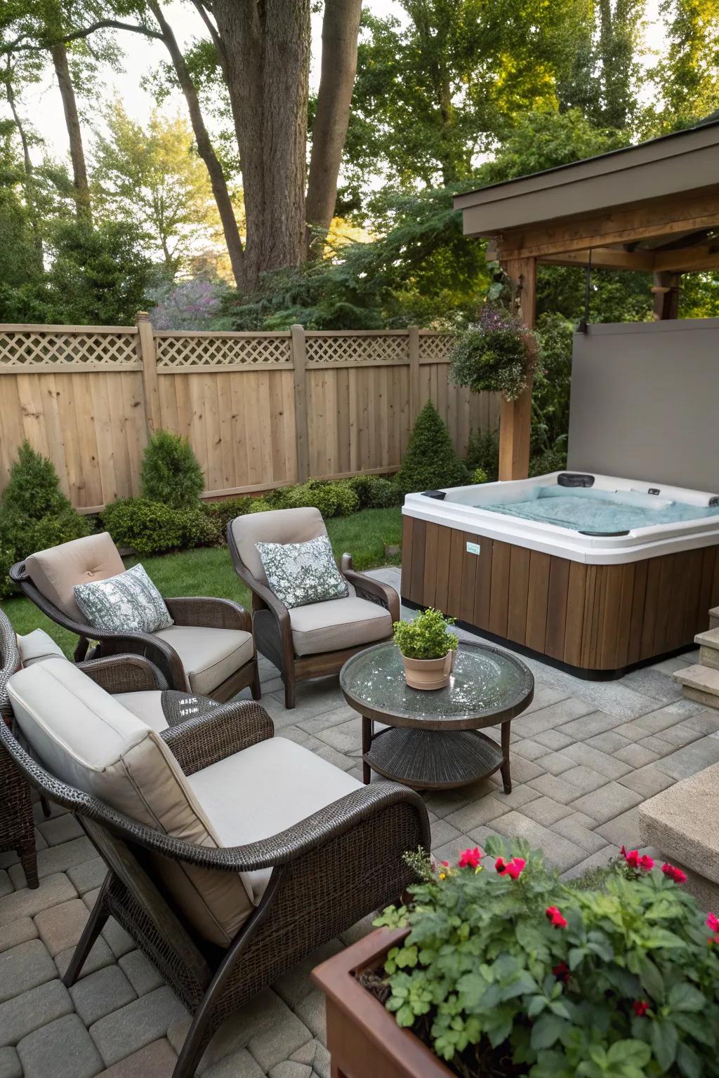Conjure a cozy nook for de-stressing with pleasant seating around your personal spa.