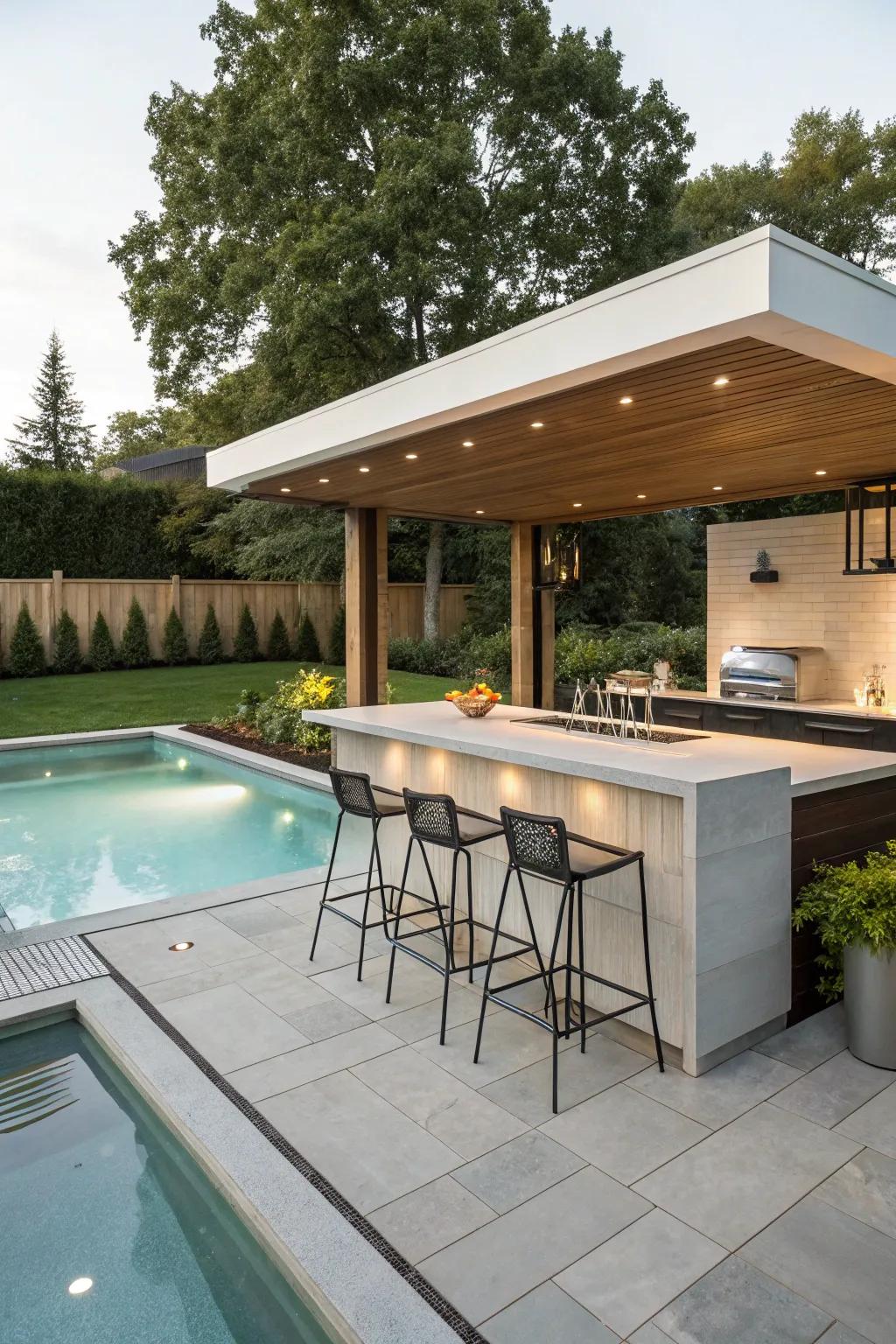 An in-built bar seamlessly merges with your pool, delivering a sleek aesthetic.