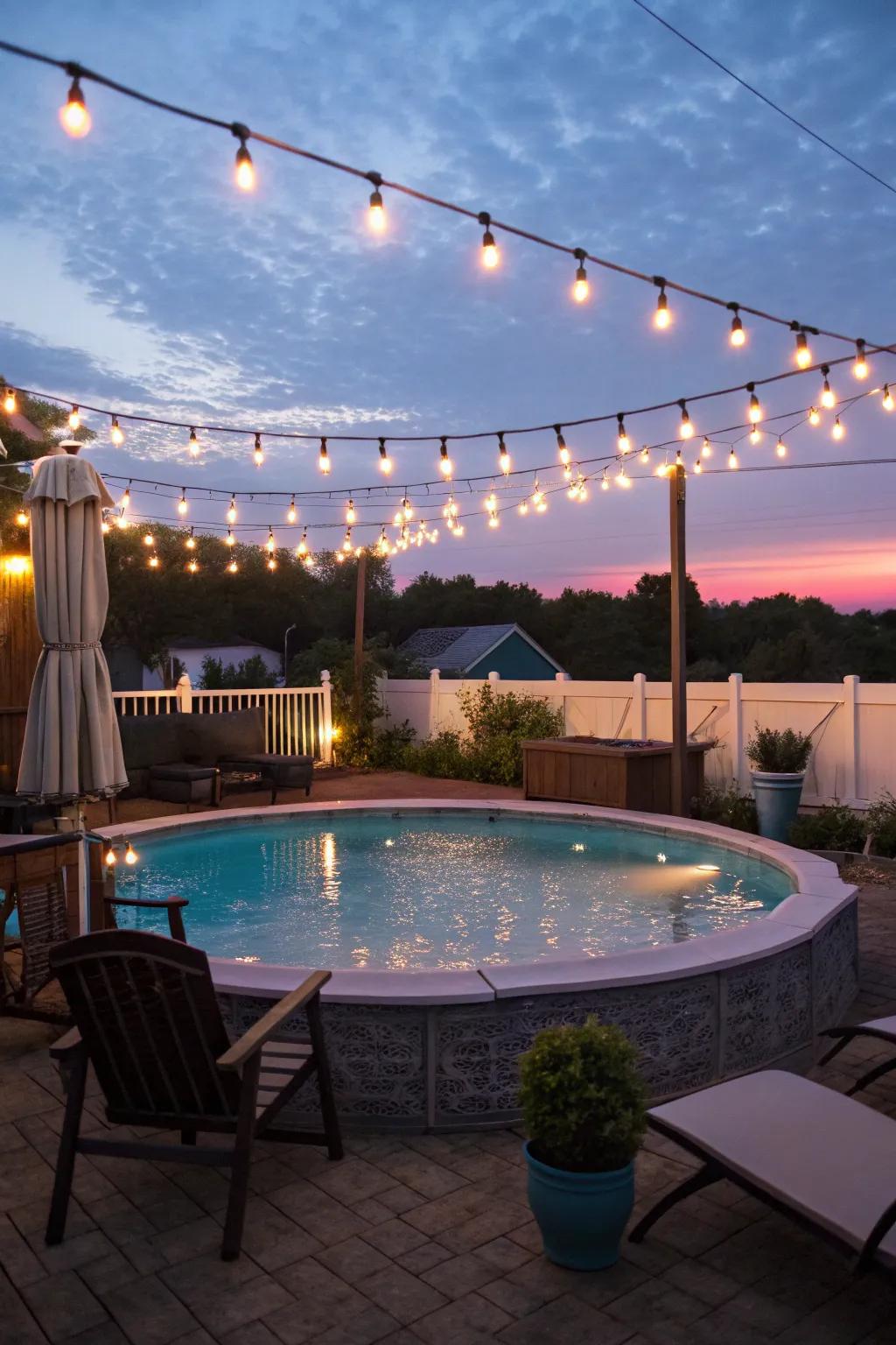 Chain lights provide a touch of magic to evening swims.