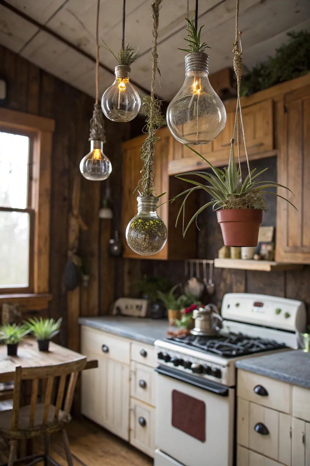 Air plants displayed in recycled light bulb planters.