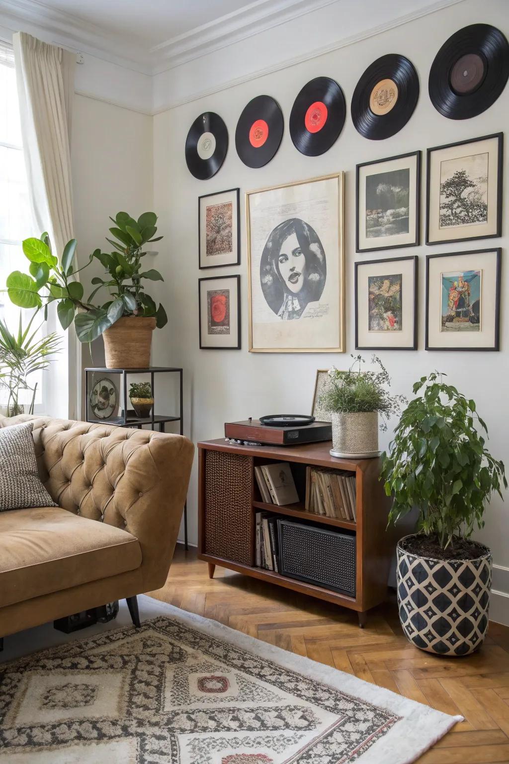 Vinyl records showcased decoratively with art and flora, adding a personalized touch.