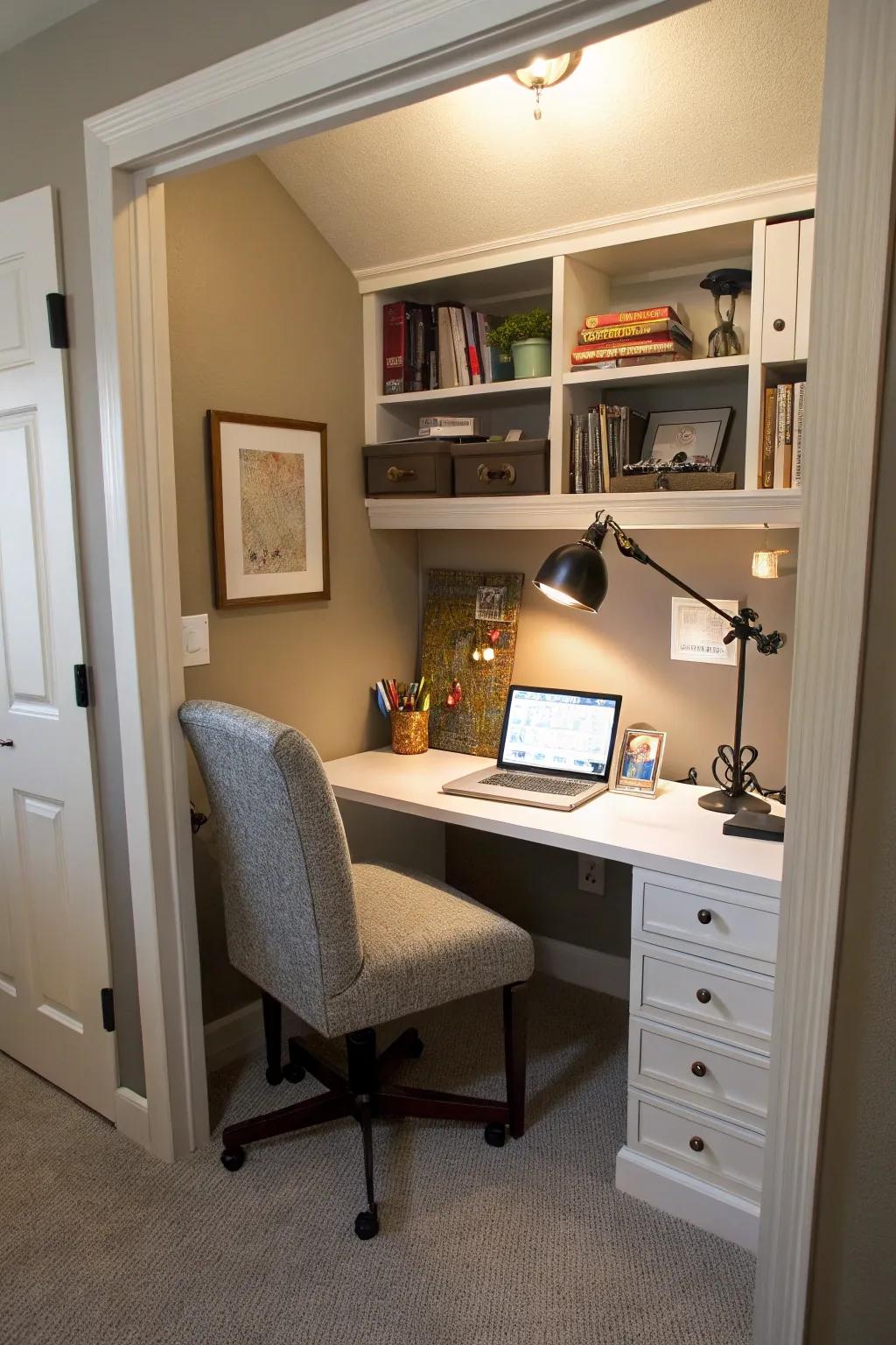 A functional home office nestled in a recess.