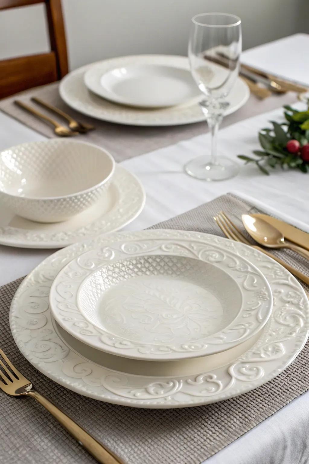 Refined ivory dinner service enhances the dining ambiance.