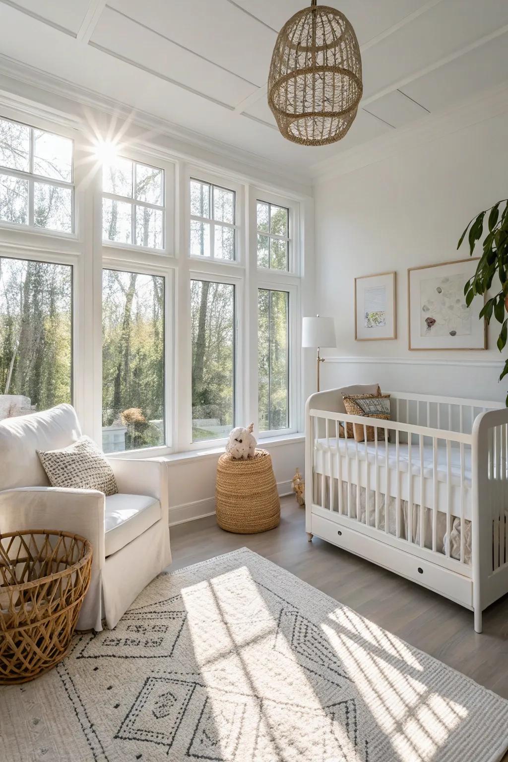 Sunlight enters a tranquil white nursery, brightening the space.