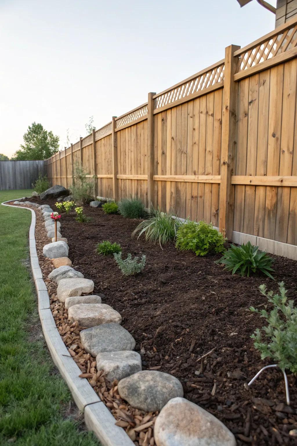 Mulch and trims define the garden area stylishly.