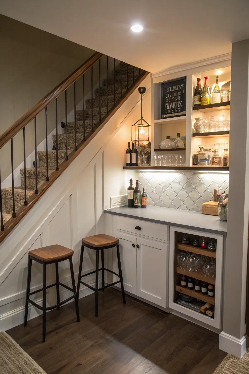 An ingenious use of space beneath the stairs for a stylish bar.