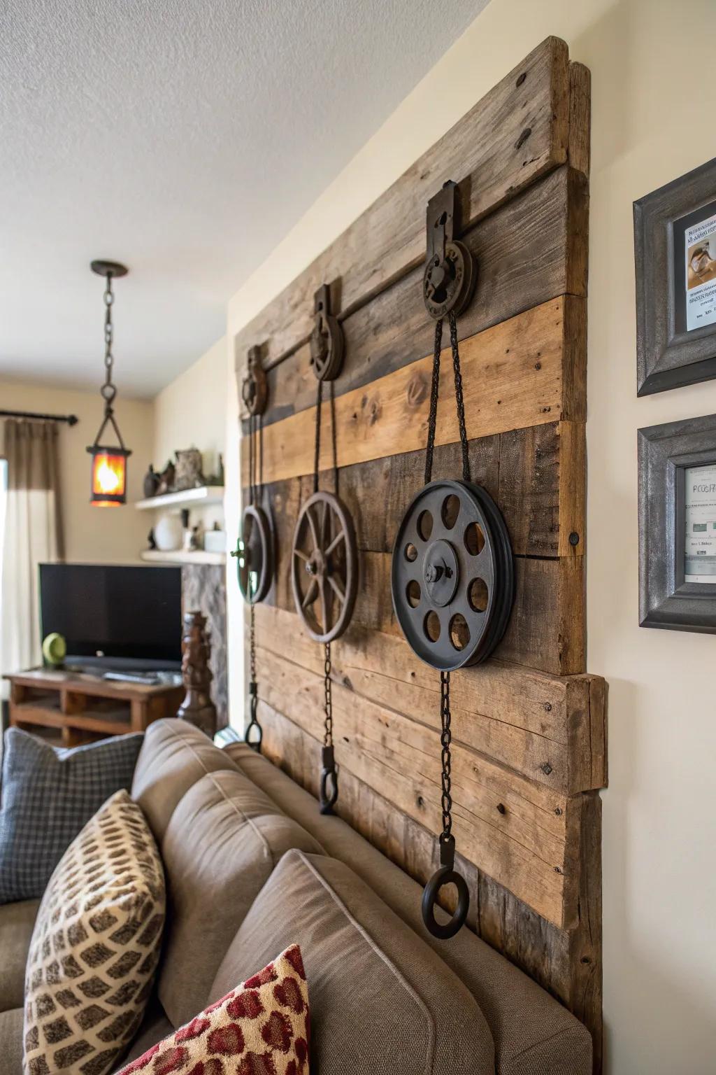 Vintage pulleys used as captivating wall decor.