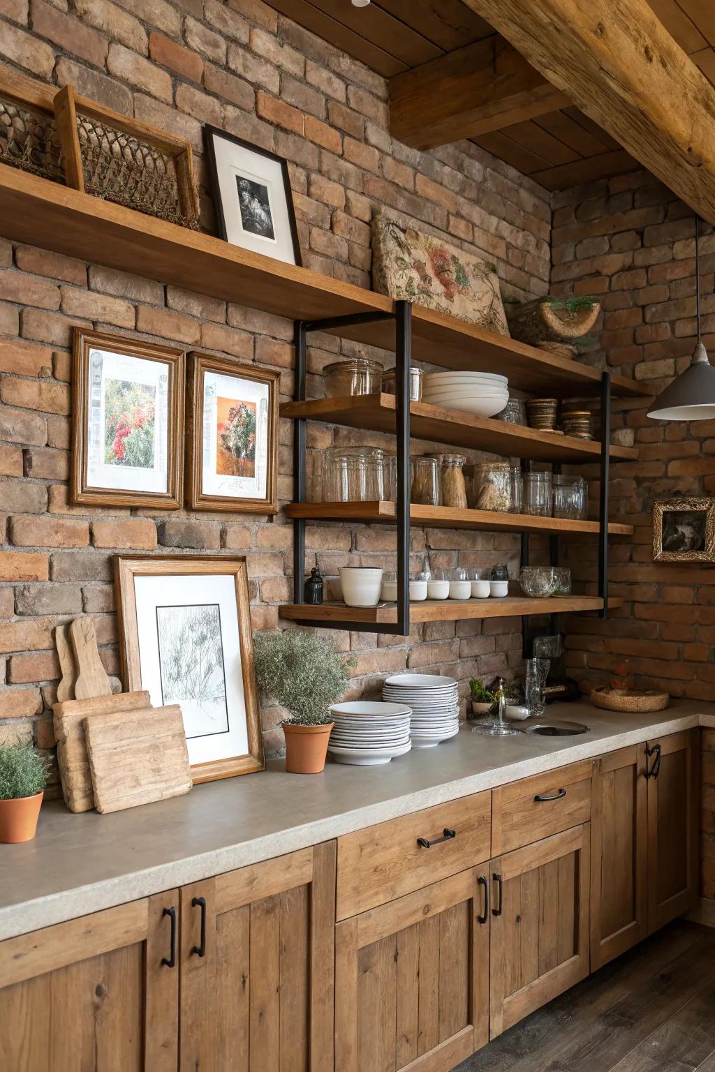 Wood features introduce warmth to cooking area walls.