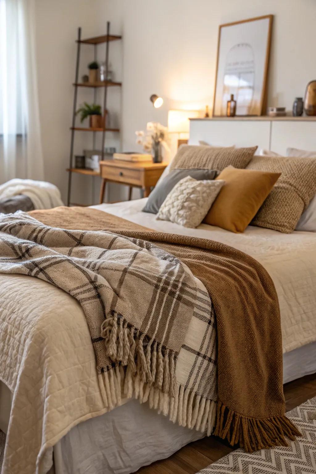 A comfortable apartment bedroom enhanced with soft throws and cushions.