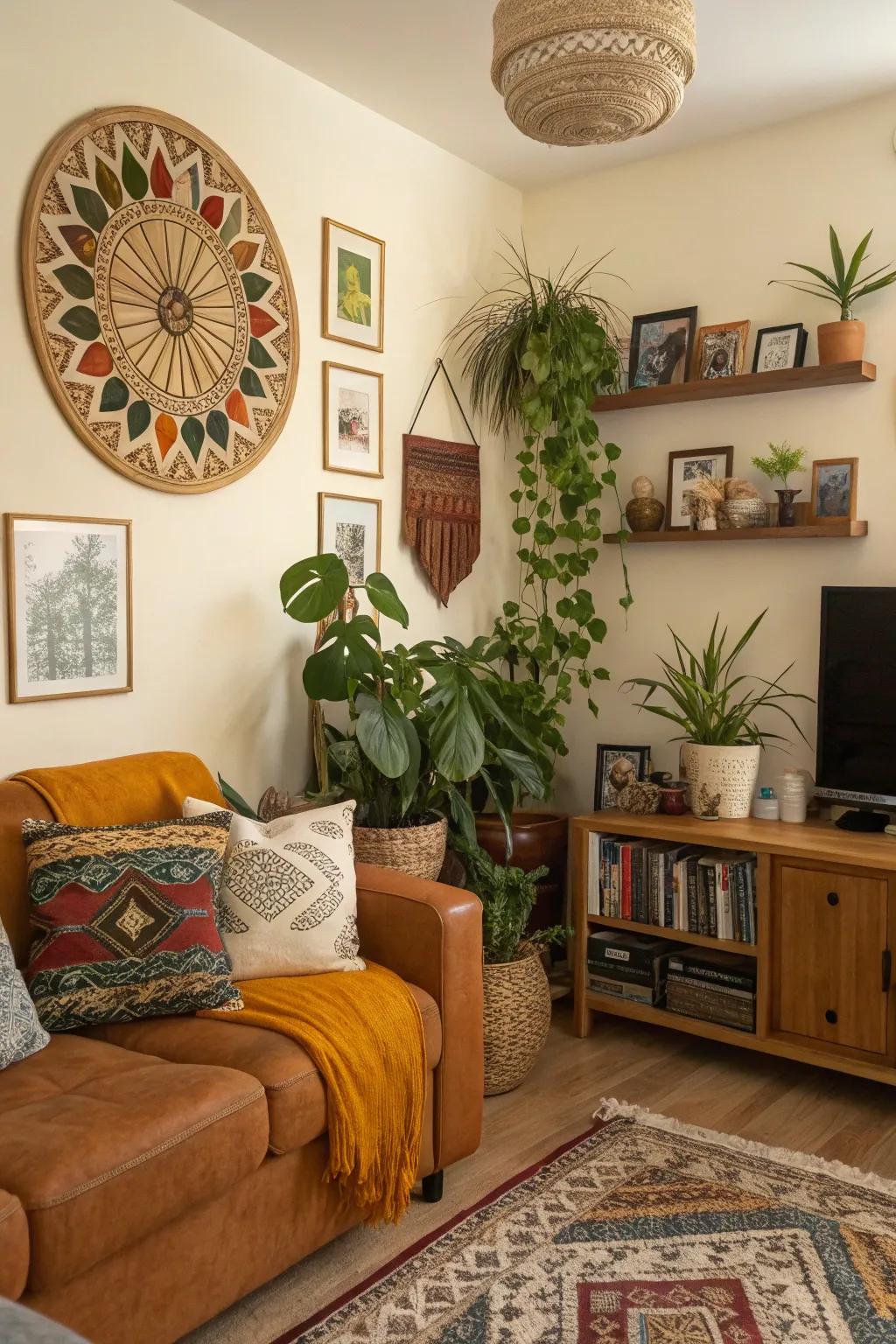 Finishing touches such as artwork and plants give character to this living space.