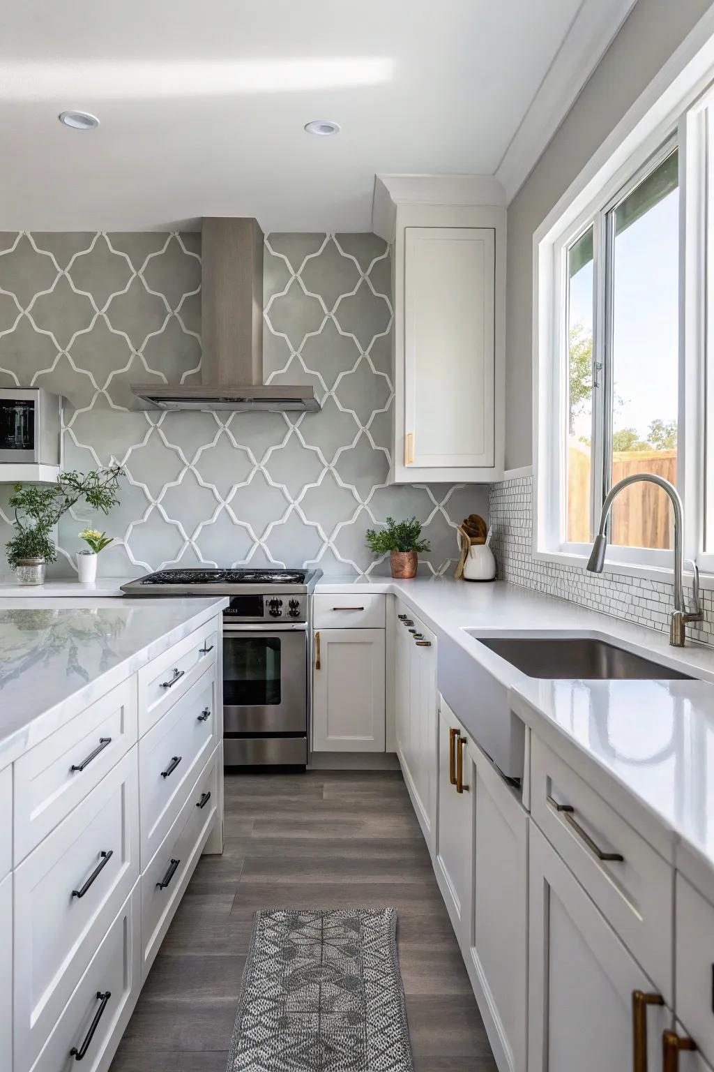A simple kitchen design featuring a calming grey arabesque tile backsplash.