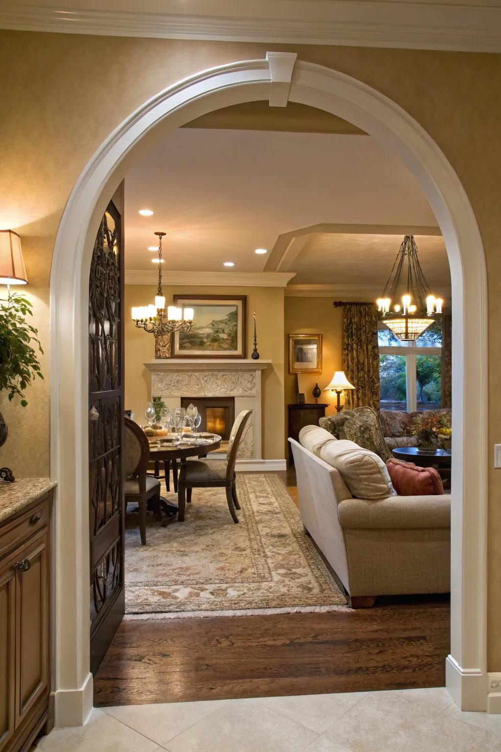 An archway entrance providing an effortless shift between lounge and food zones.