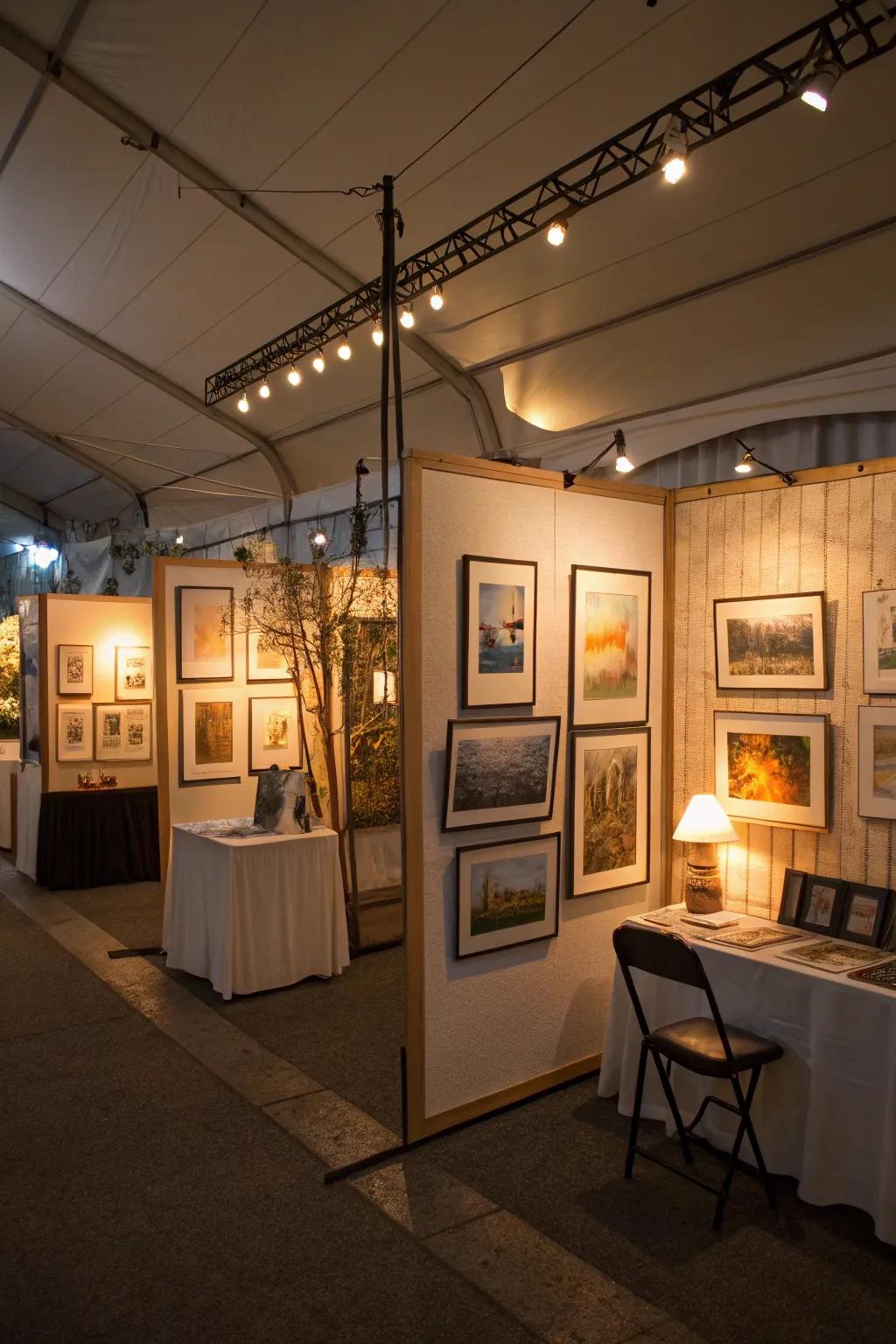 Gentle lights accentuate the particulars and tones of artistic pieces, enticing patrons into the exhibition.