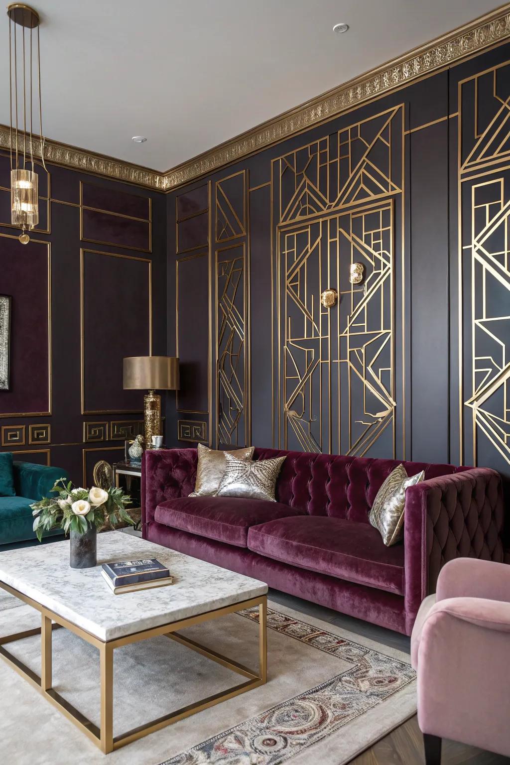 A luxurious color scheme establishing the mood for a rich Art Deco space.