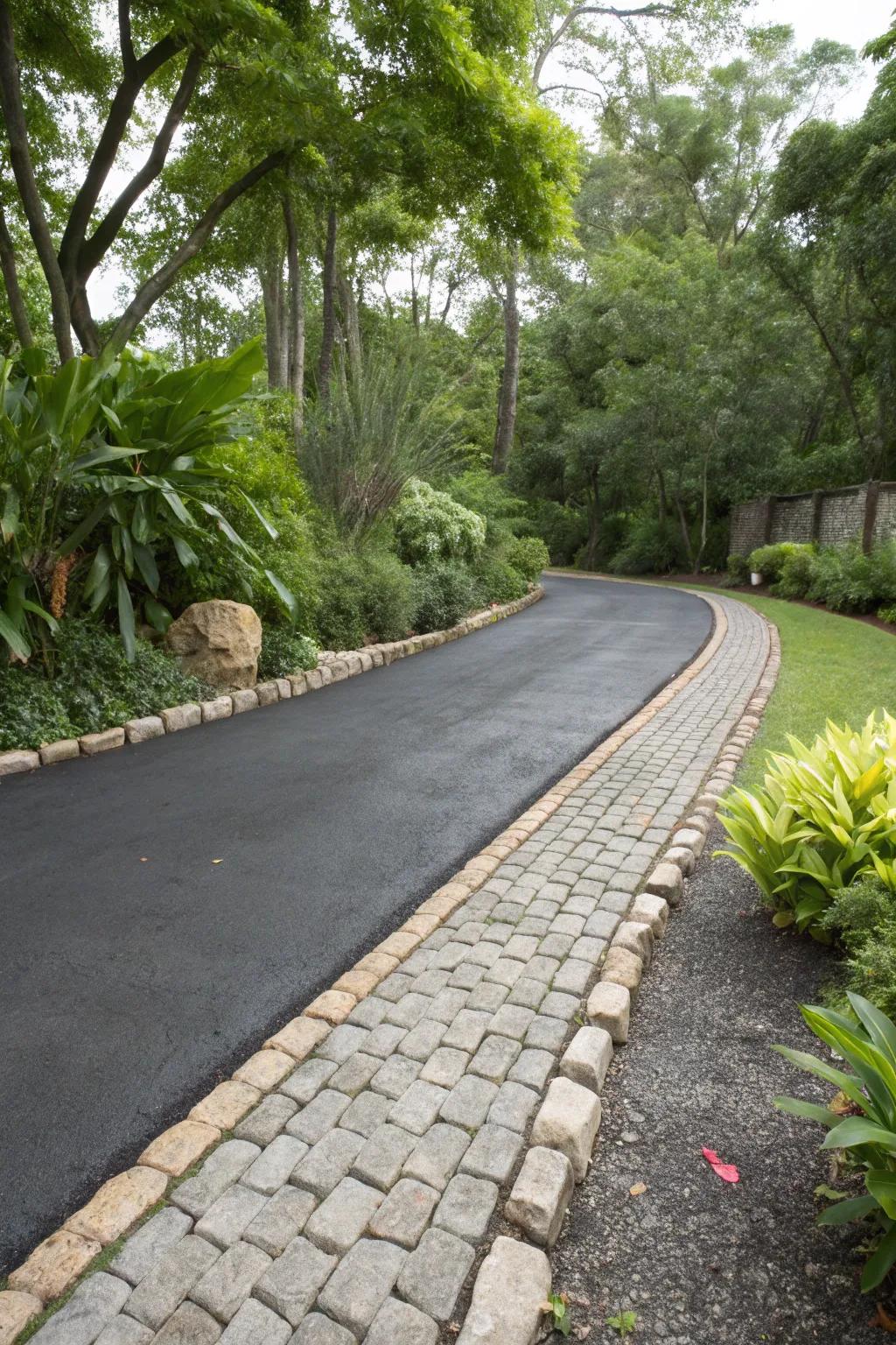 Weathered pavers lend a rustic charm to this cozy driveway.
