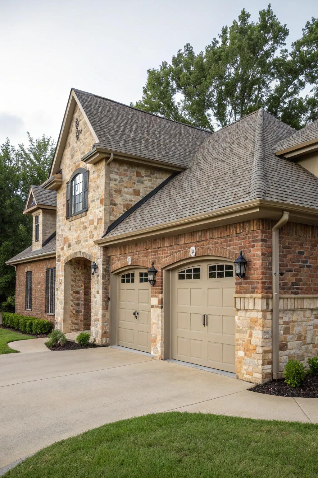 A garage making use of complementary materials for a seamless exterior.
