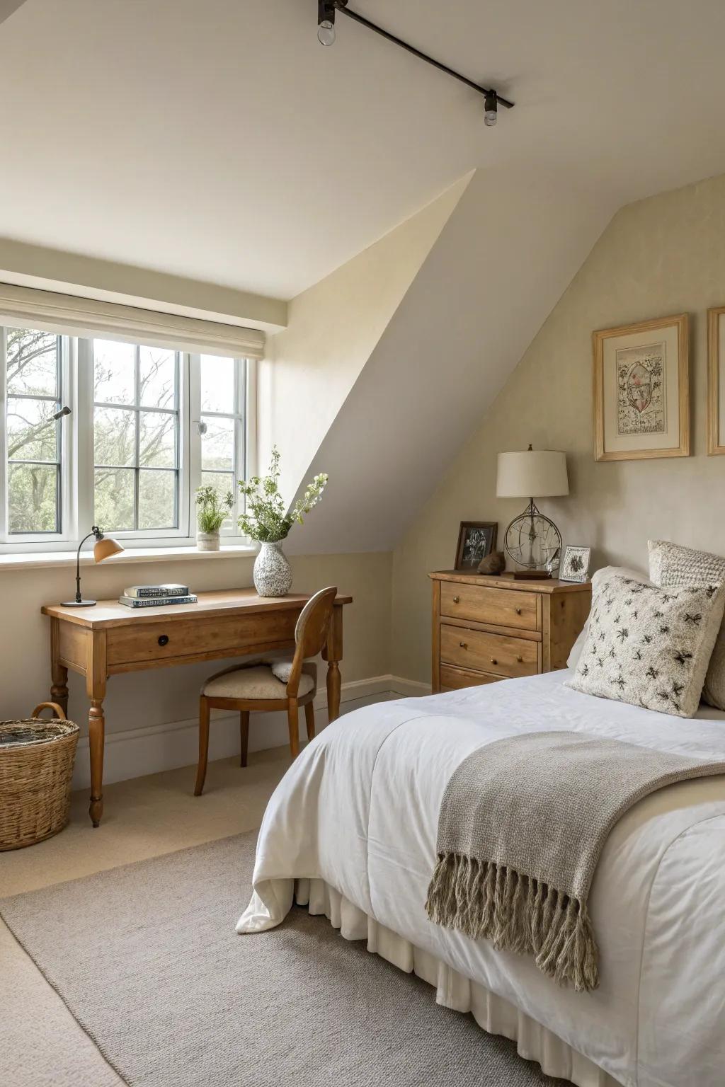 Pale colors provide tranquility and spaciousness to your attic area.
