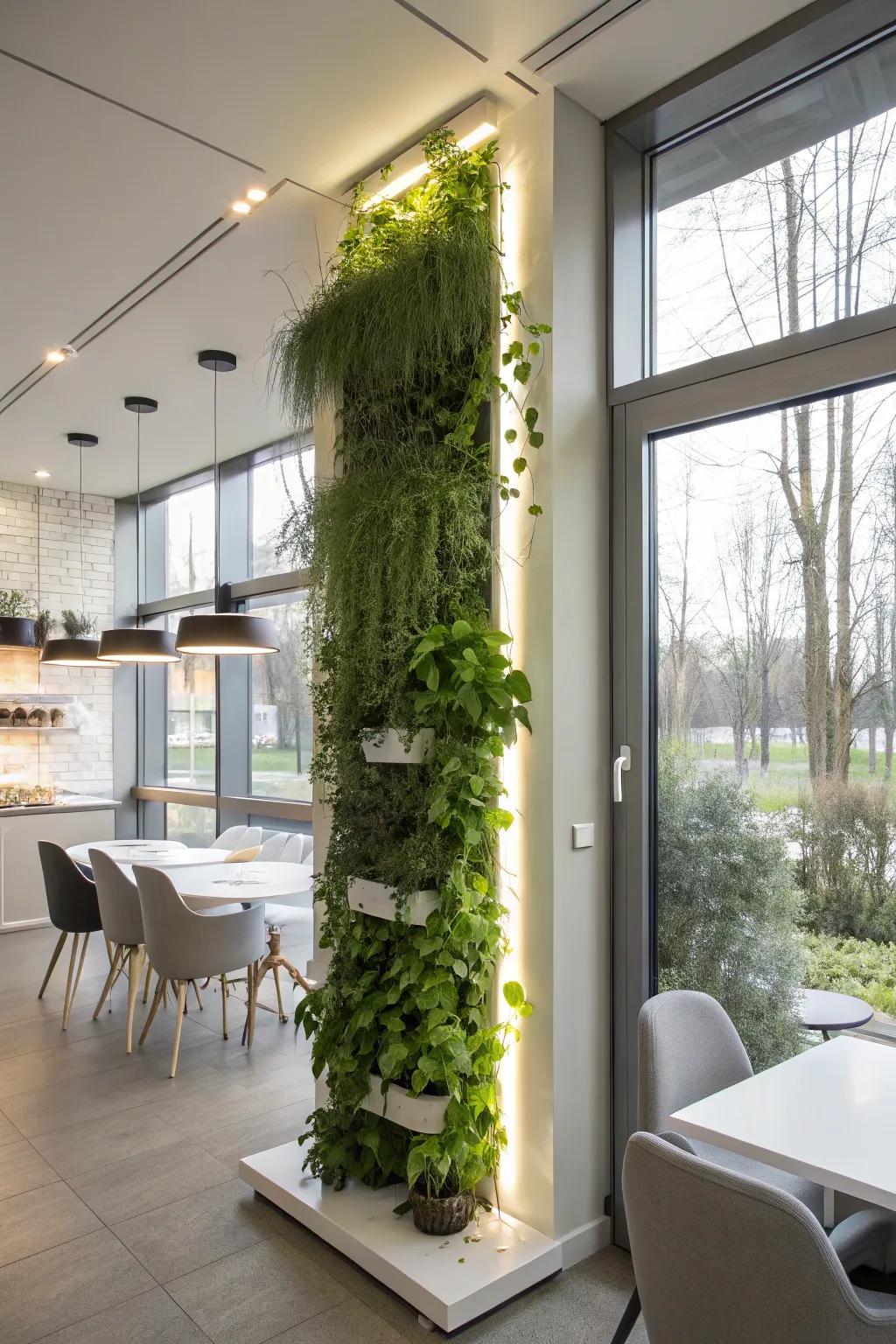 A wall-affixed plant display enhanced by soft grow lights.