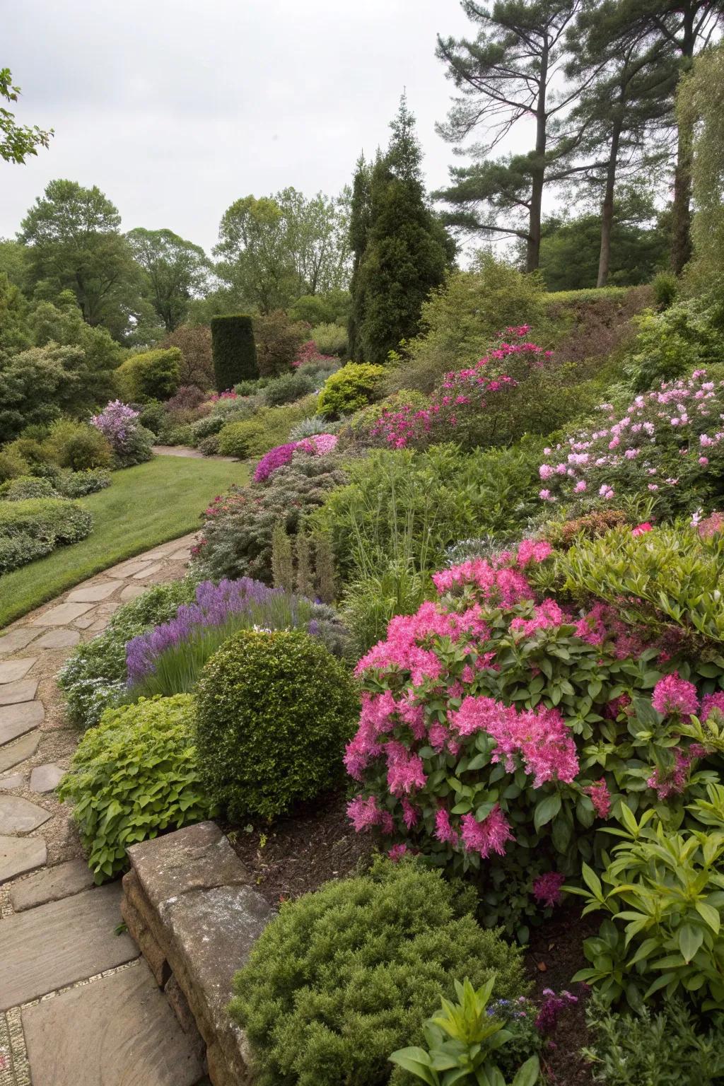 Layered vegetation featuring azaleas, endowing the garden with enhanced depth.