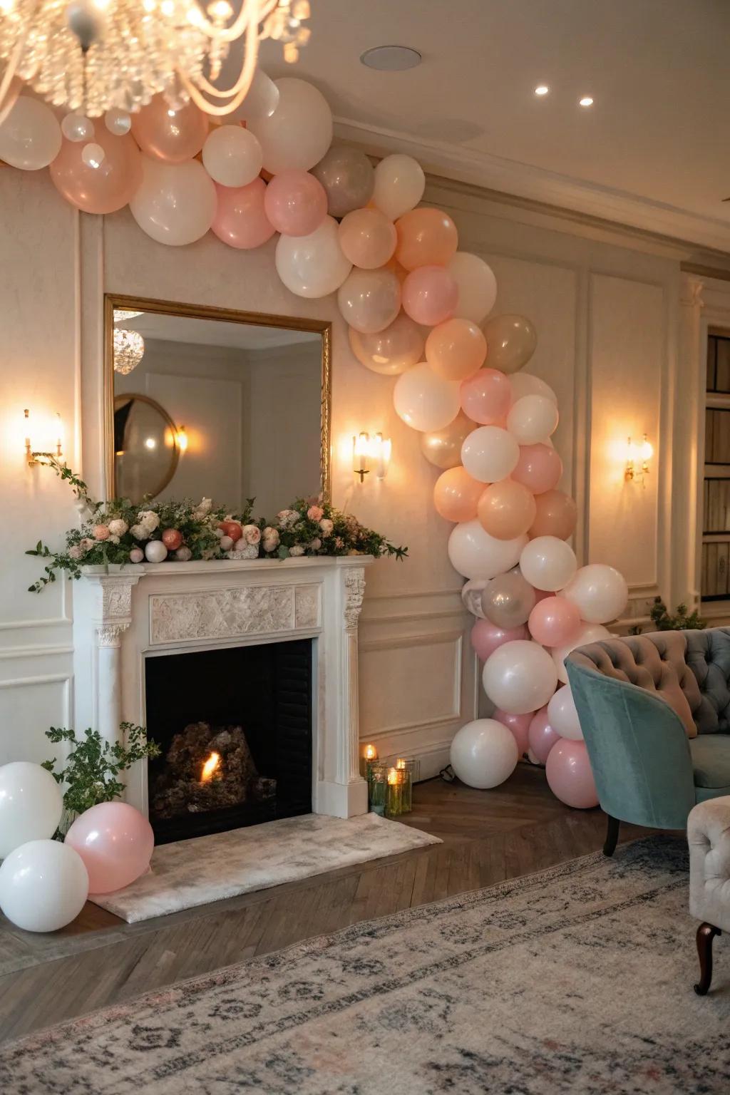 A pastel balloon swag introduces charm and sophistication to any area.