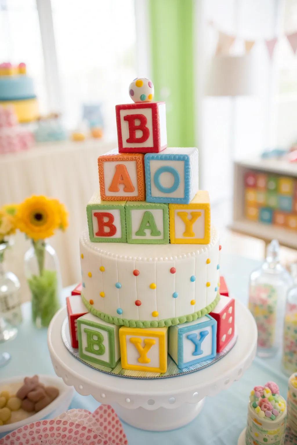 A fun cake with building blocks for a baby boy shower.