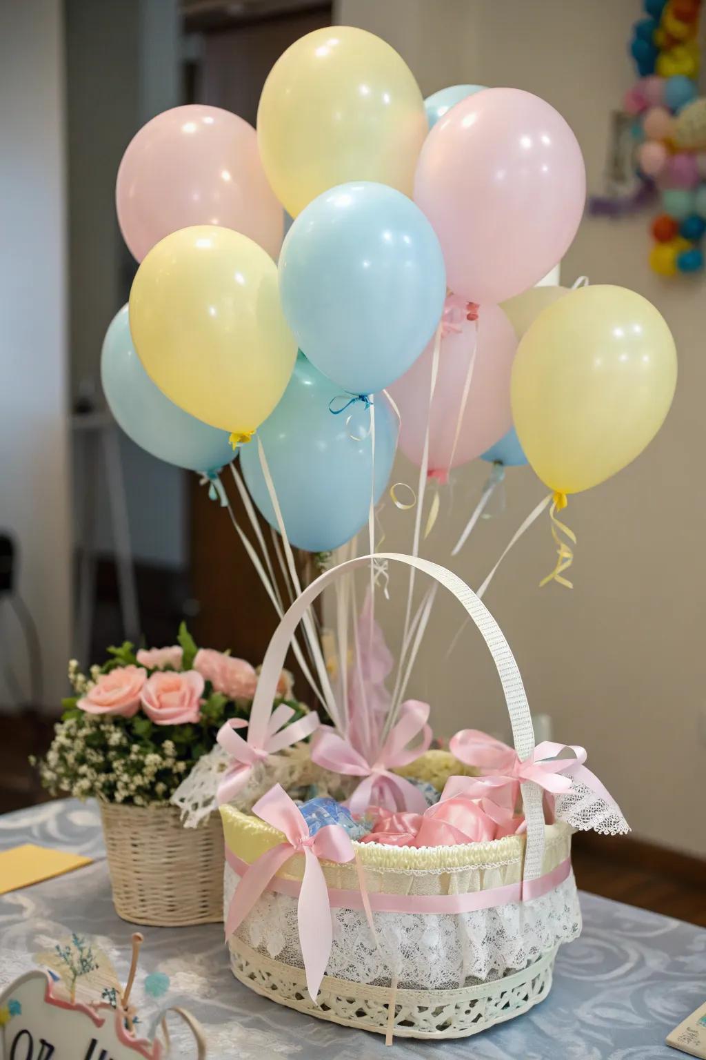 Pastel balloon bouquets contribute vibrant color and cheerfulness.