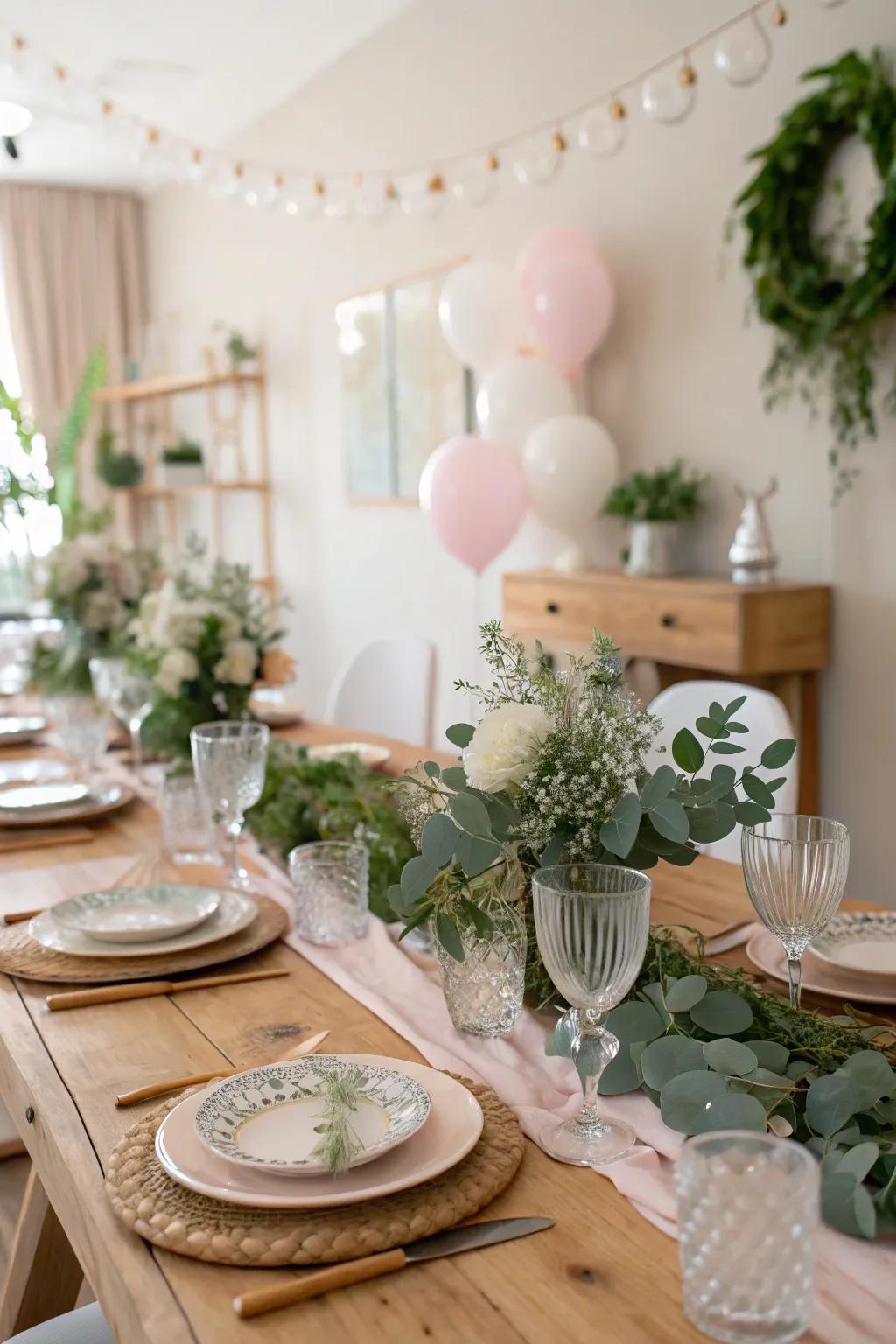 An elegantly arranged table featuring wooden features and foliage focal decorations crafts an appealing atmosphere.