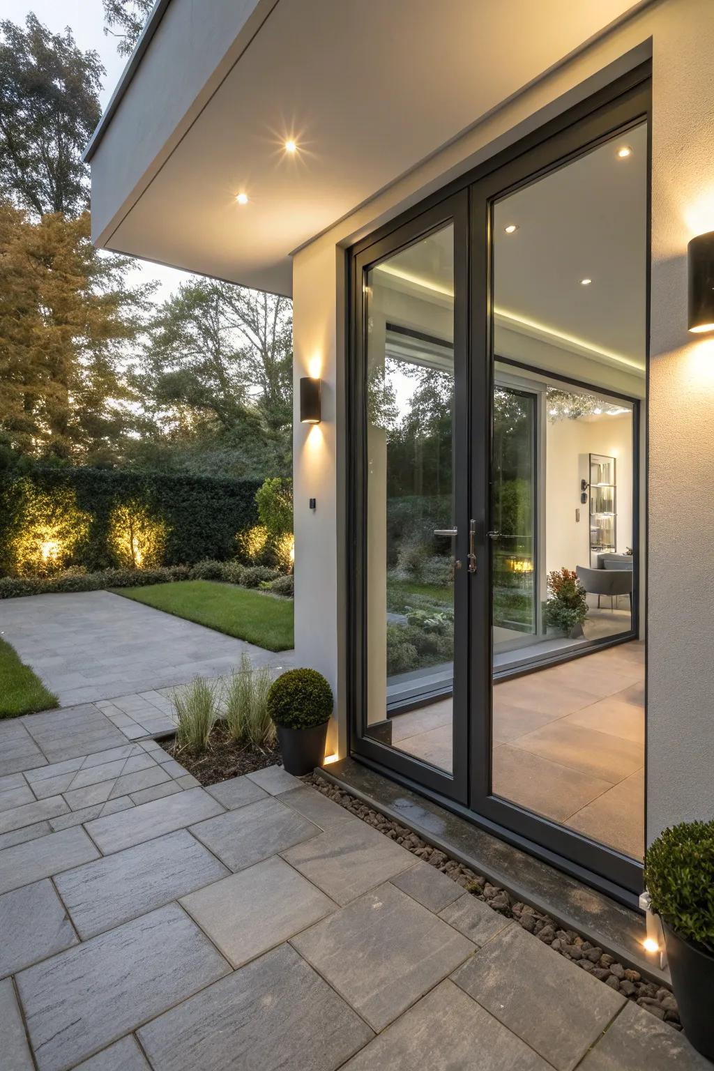 Streamlined integrated illumination enriches a modern back door design.