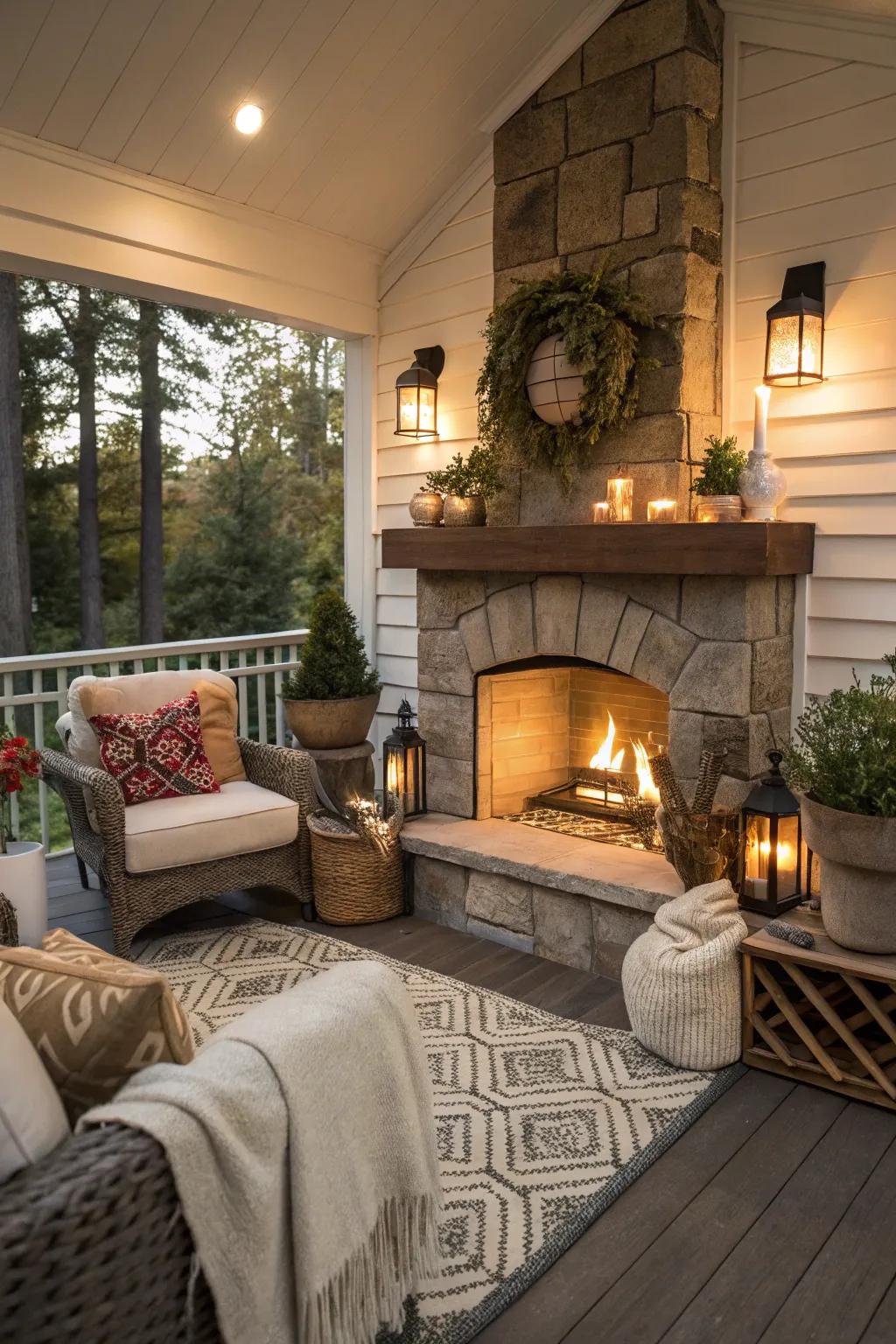 Relish cozy evenings beside the porch hearth.