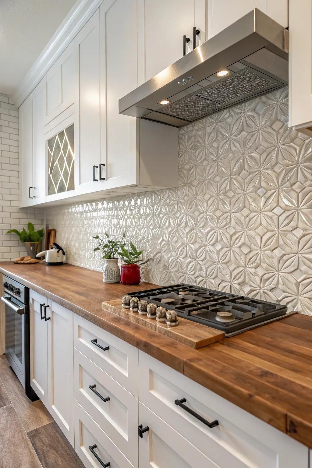 Enhance dimensions with detailed tiles against warm wood.