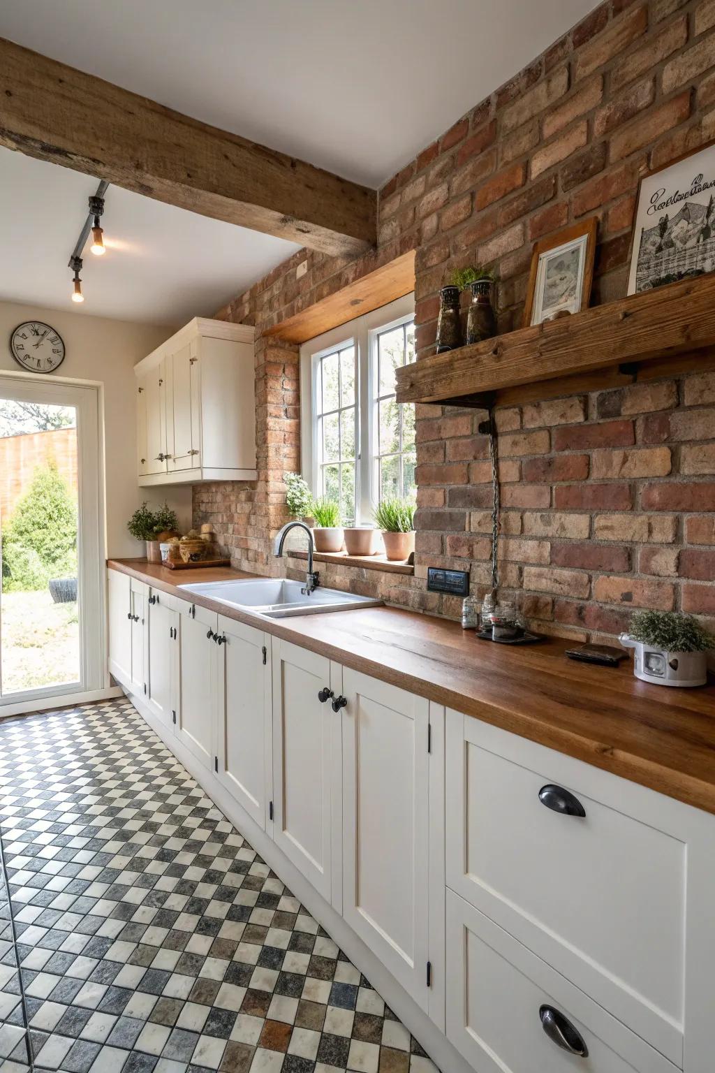 Brick backsplashes imbue this white kitchen with a sense of comfort and style.
