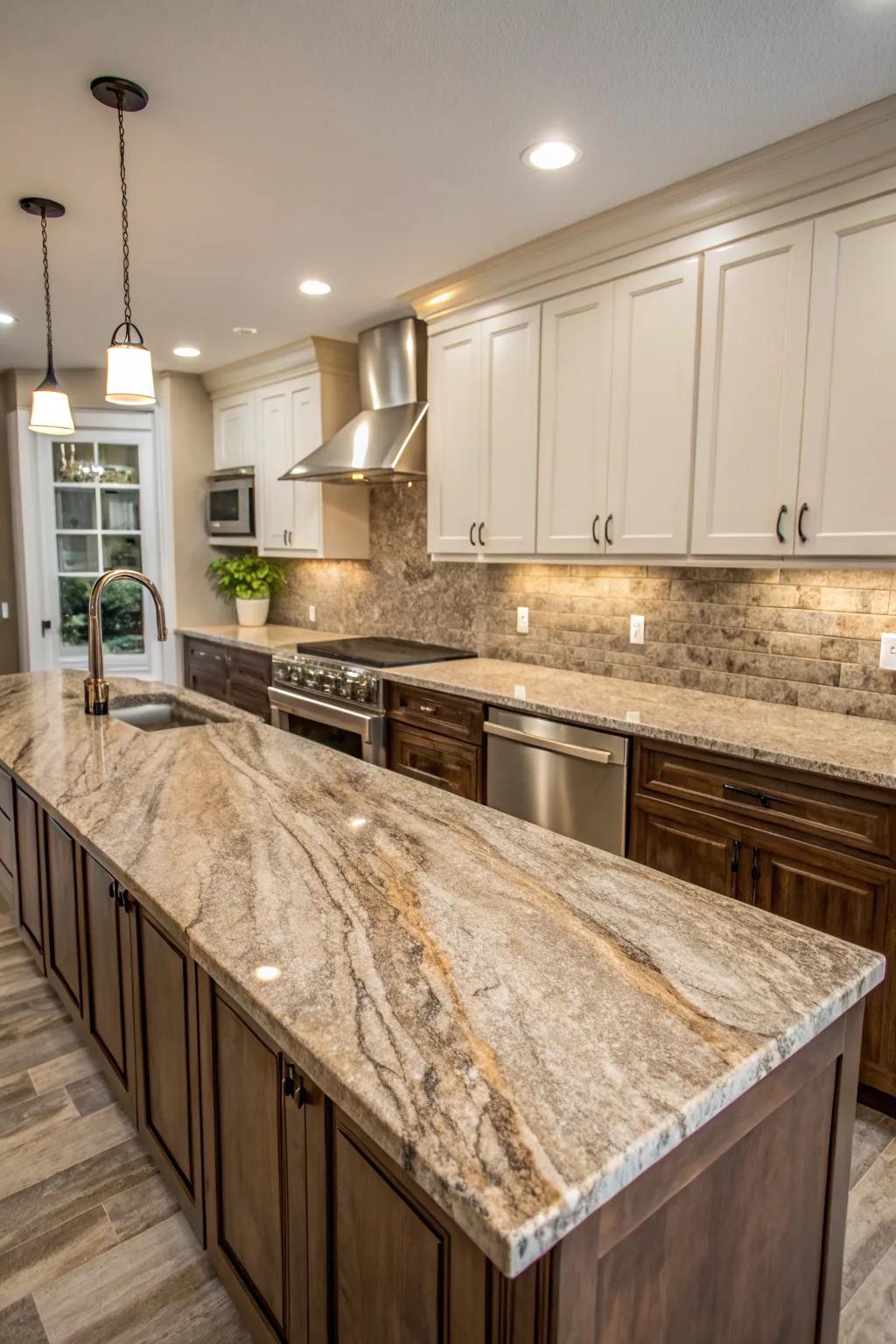 A continuous stone backsplash produces a united appearance.