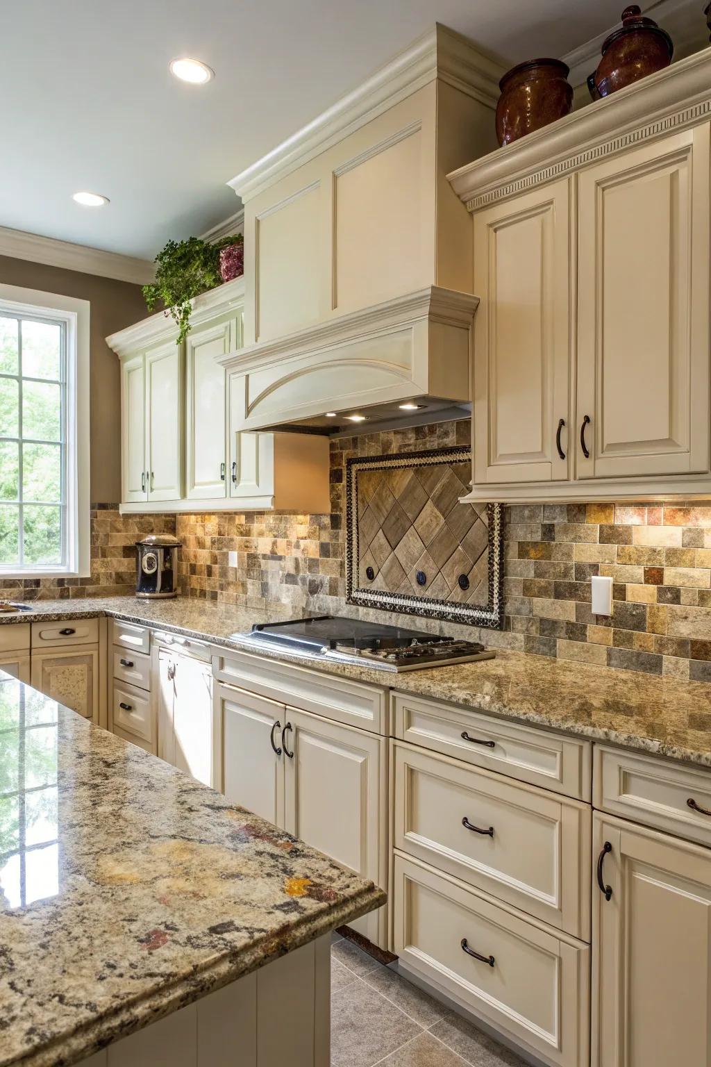 Seamless color coordination between stone countertops and backsplash.