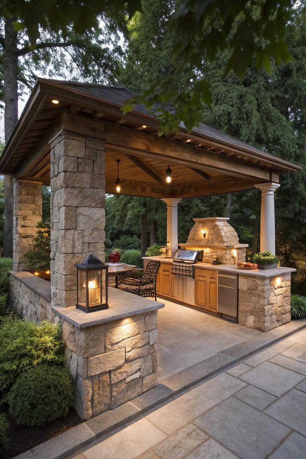 A stone pavilion gives your outdoor kitchen long-lasting strength and classic style.