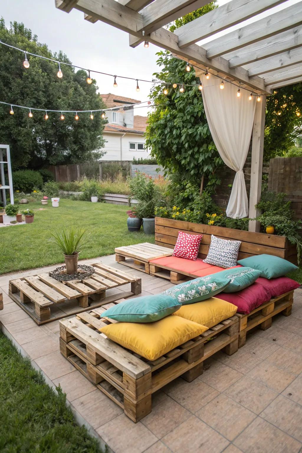Wooden pallet seating with cushions offers a relaxed vibe for guests.