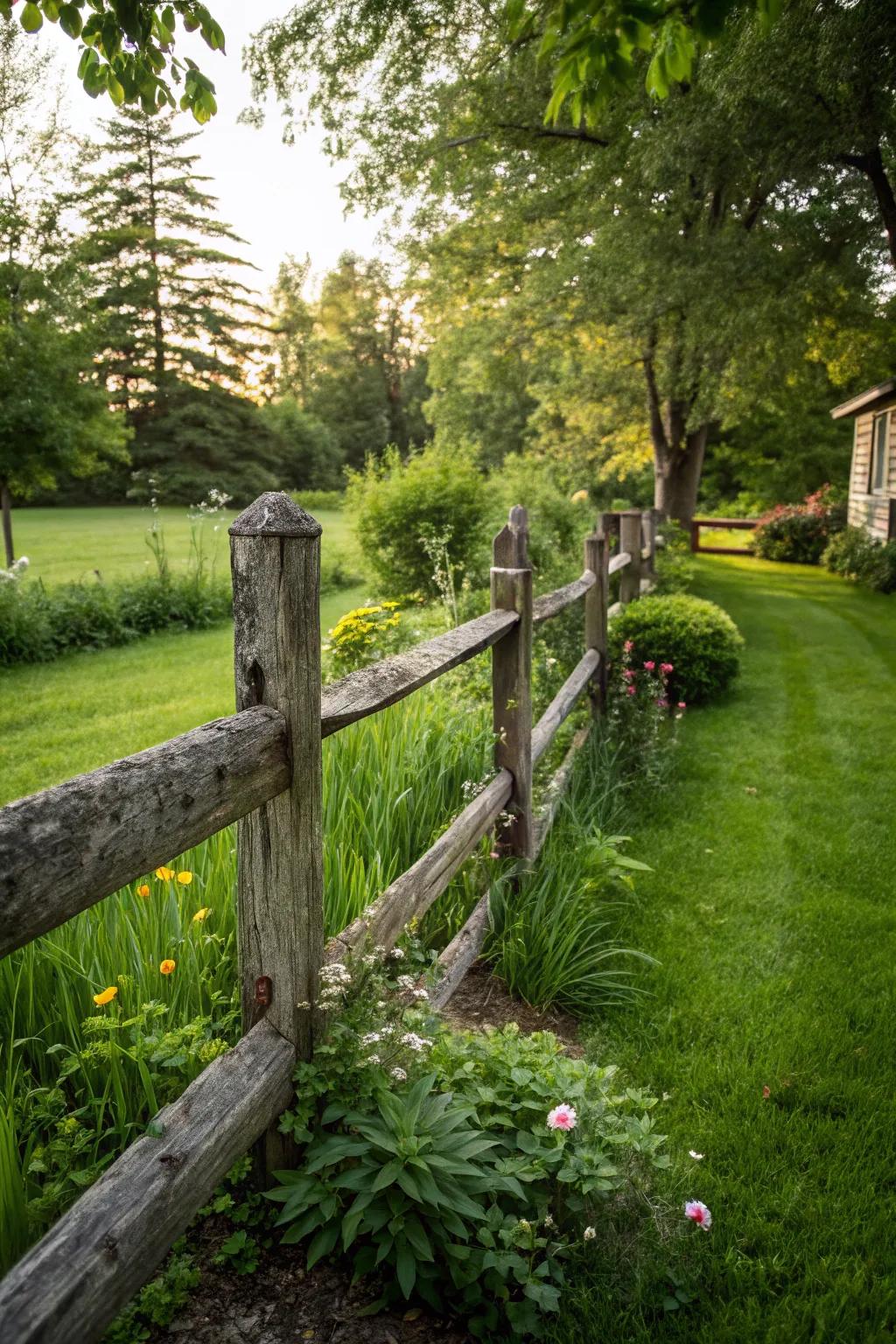 A country wood post and beam fence brings countryside charm.