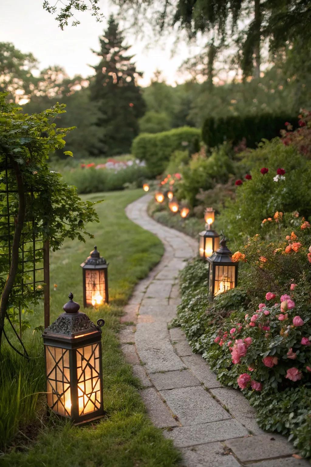 Lamps illuminate a garden path, including appeal and light.
