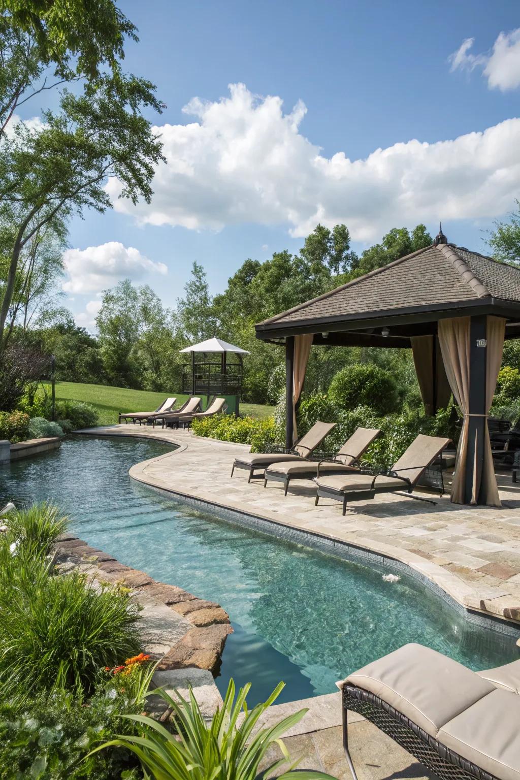 A relaxing sitting area by the meandering pool, ideal for unwinding.