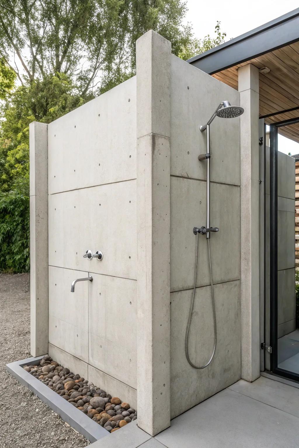 A refined and understated open-air cleansing station featuring cement boards.
