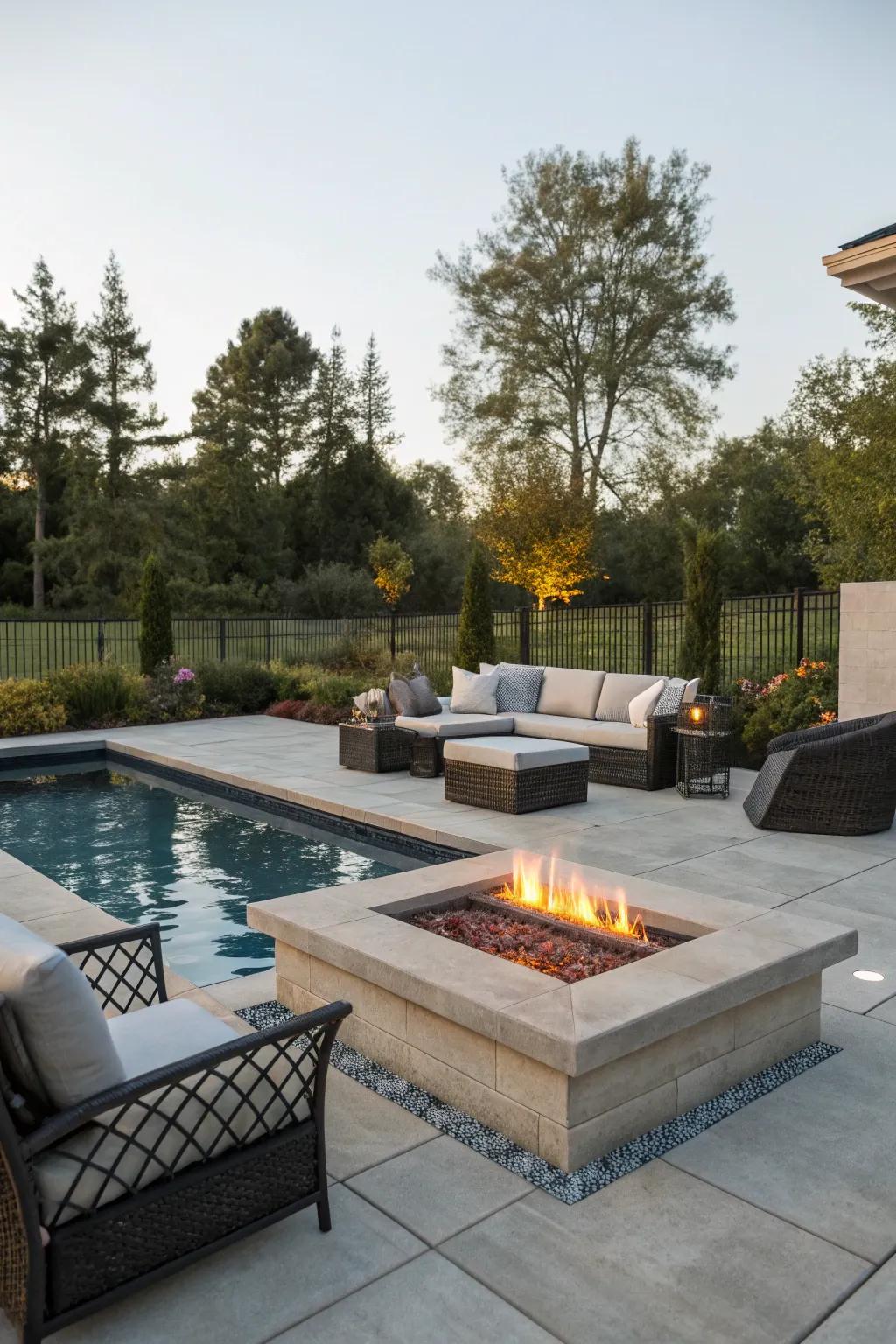 Warm up your nights with an elegant poolside fire pit.