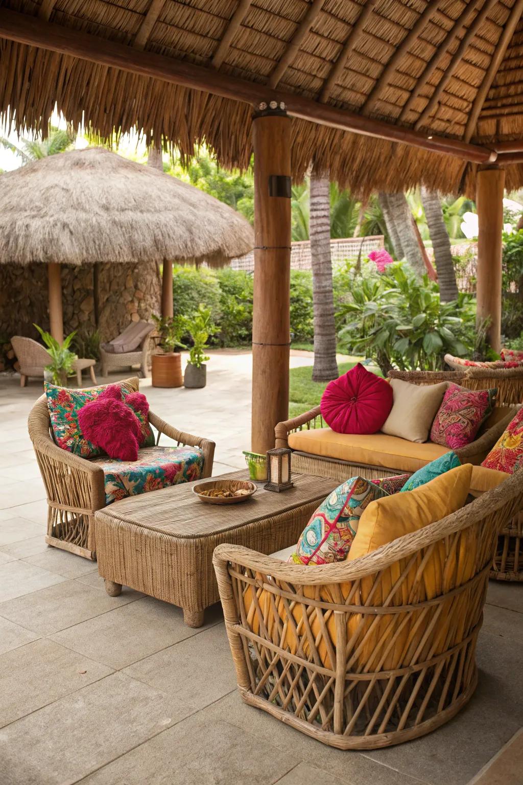 Unwind in elegance with a comfortable lounge space nestled under your tiki hut.