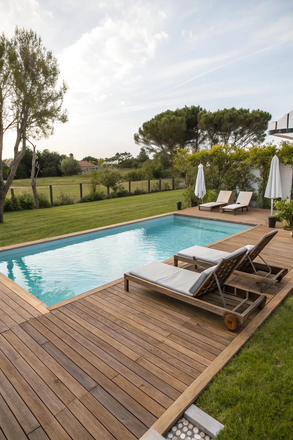 Wooden decking enriches your pool space with warmth and fashion.