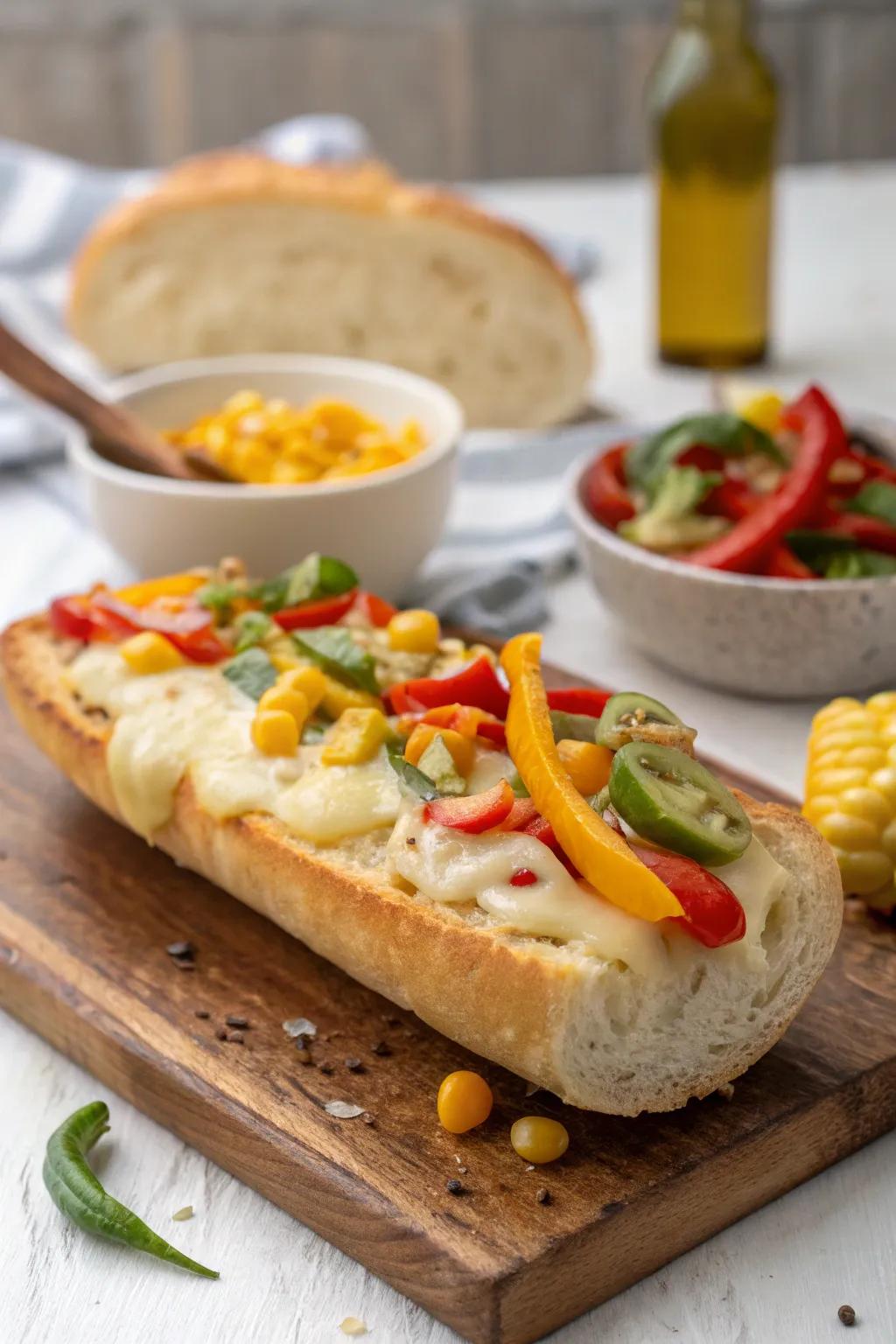 Melted raclette cheese on a baguette, embellished with colorful greens.