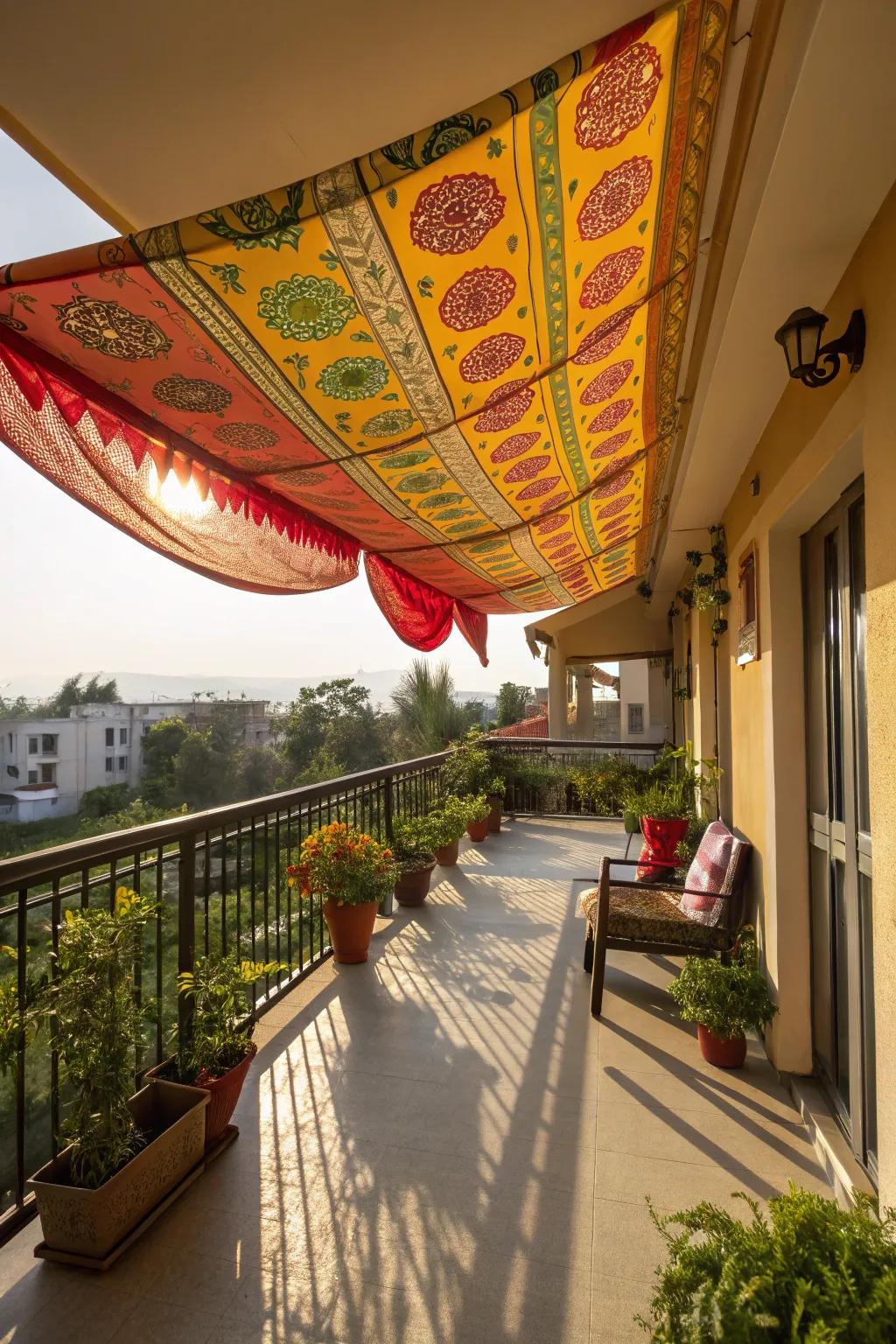 A balcony made brighter by a vibrant fabric canopy offering plenty of shade.