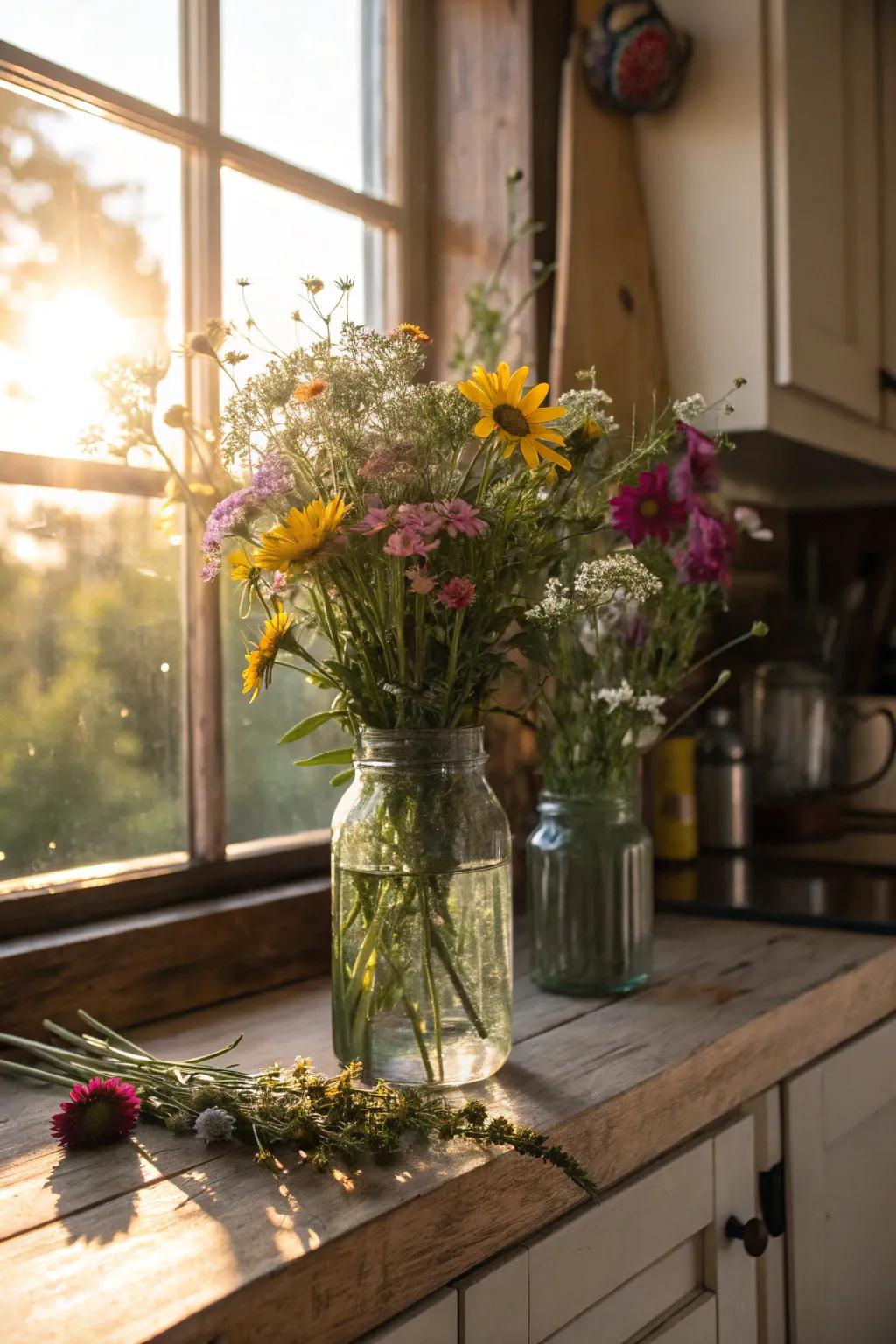 Down-to-earth flower accents inside vintage preserving jars contribute natural appeal.