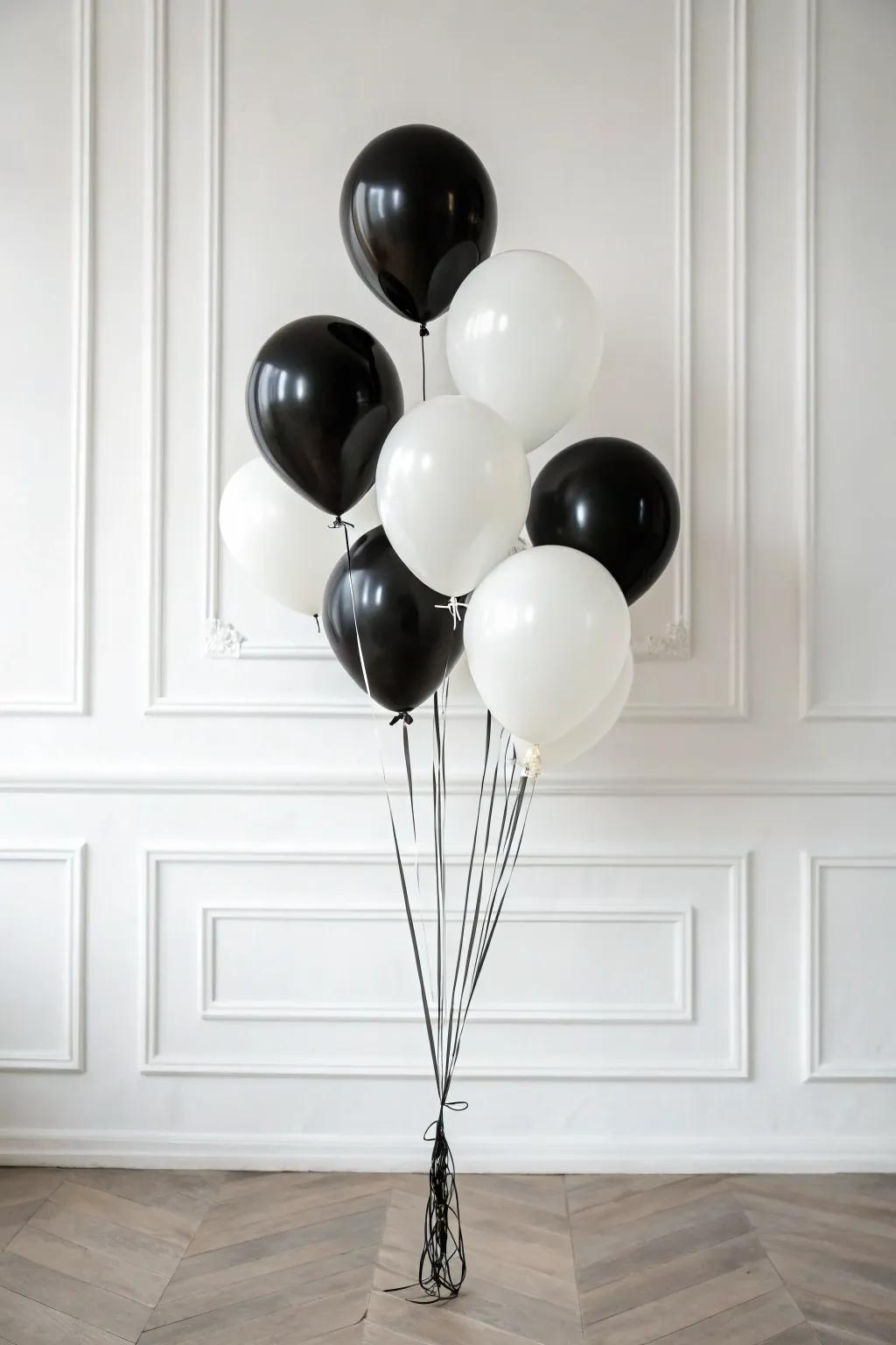 A chic monochrome balloon bouquet perfect for a modern aesthetic.