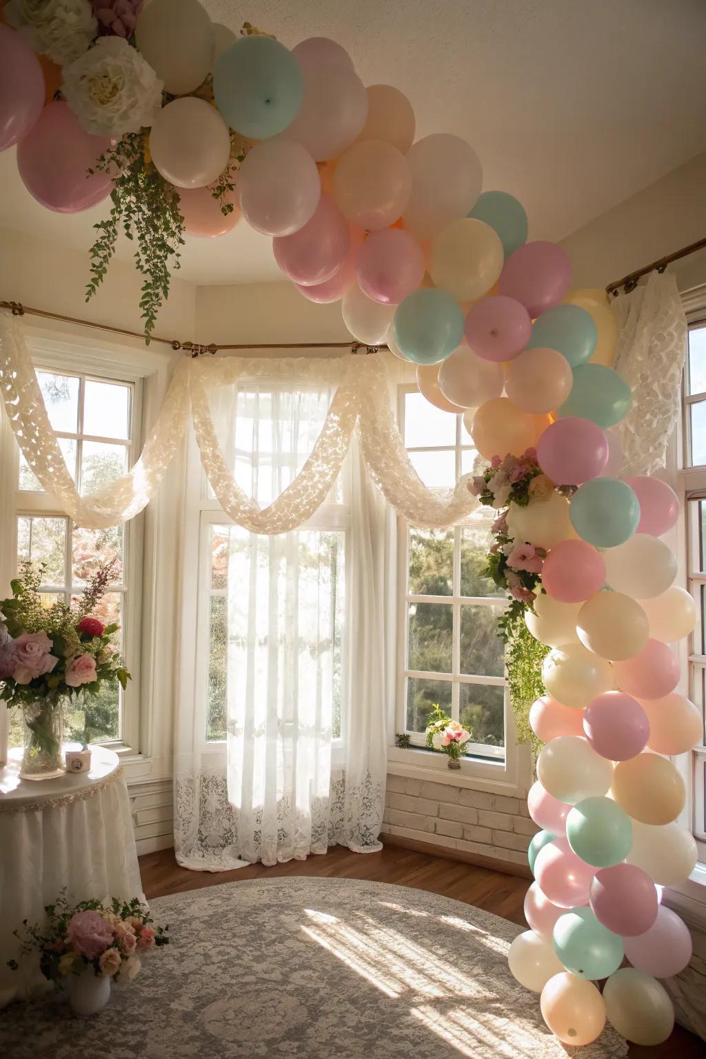 Muted tones balloon garland making a dreamy scene.