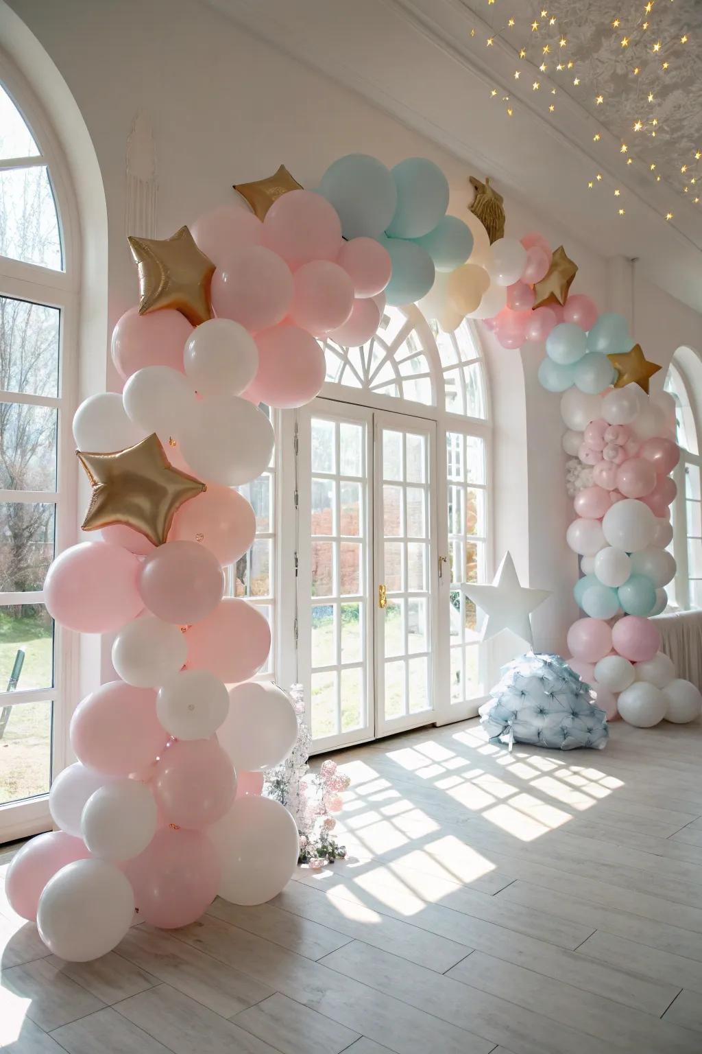 Themed balloon arrangements create an enchanting celestial atmosphere.