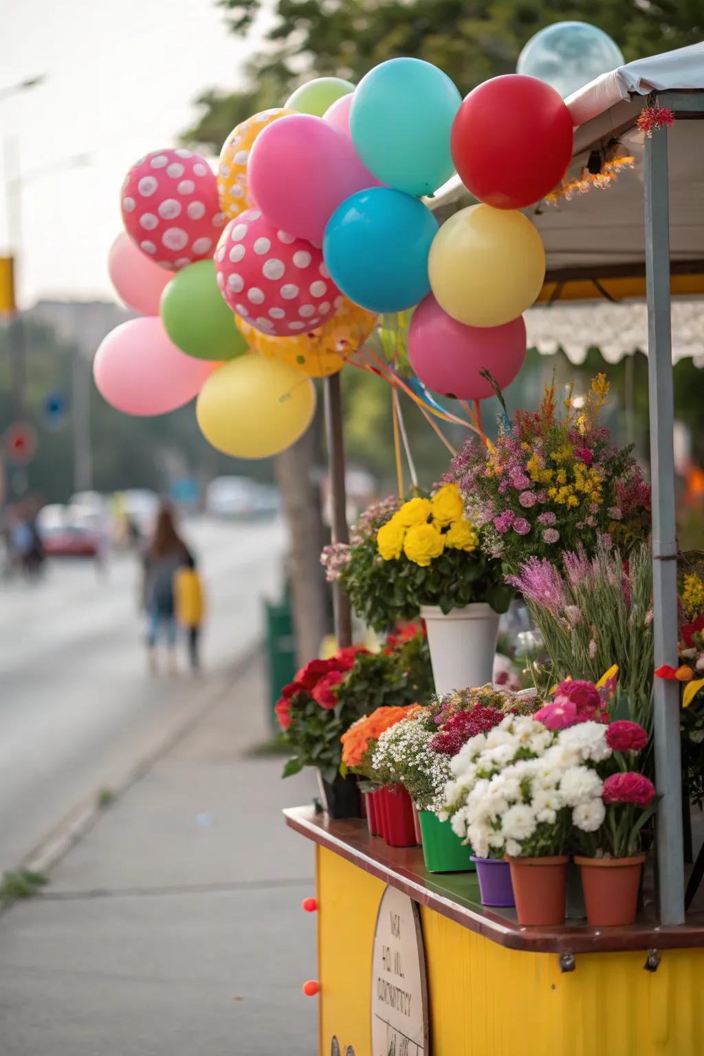 Flowers and balloons create a playful pairing.