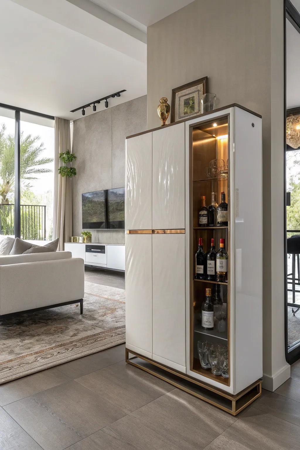 Sleek and current: a minimalist bar cabinet design.